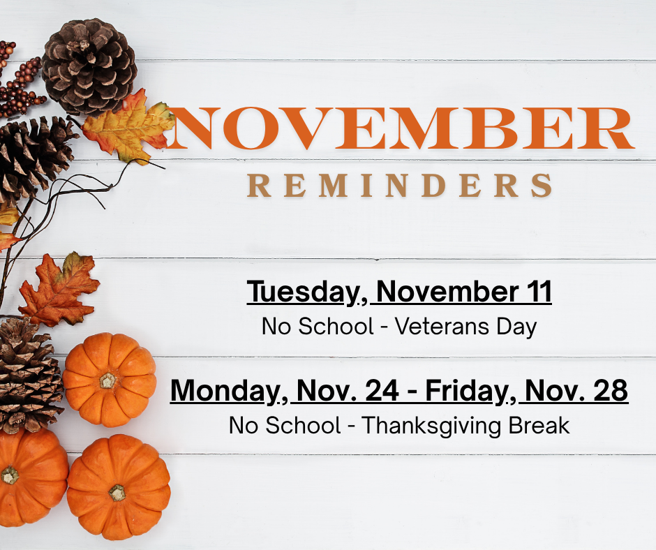 November reminders with pumpkins and pinecones on white wood background.