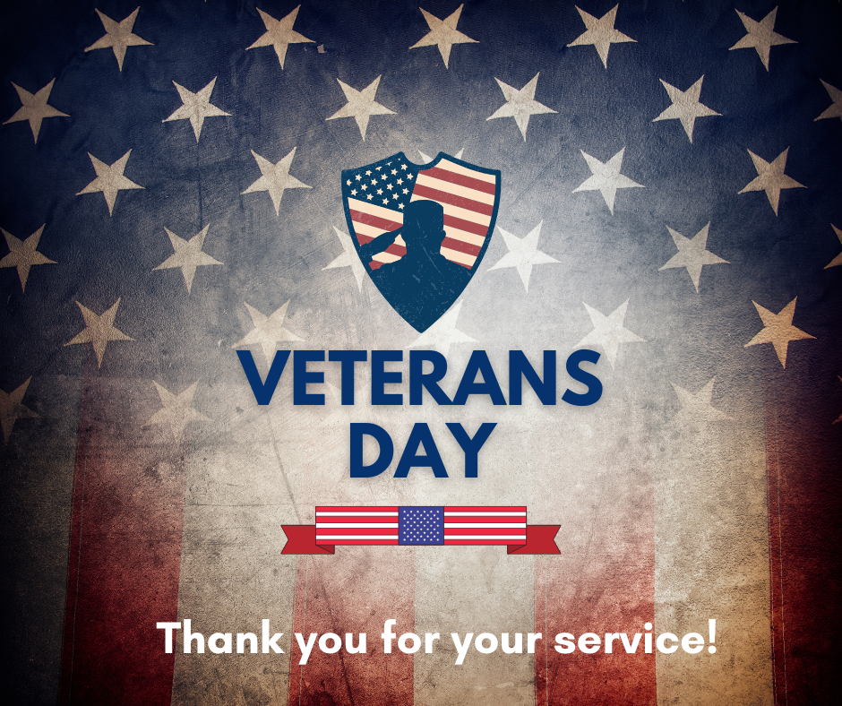 Veterans Day graphic with stars, flag design, and “Thank you for your service.”