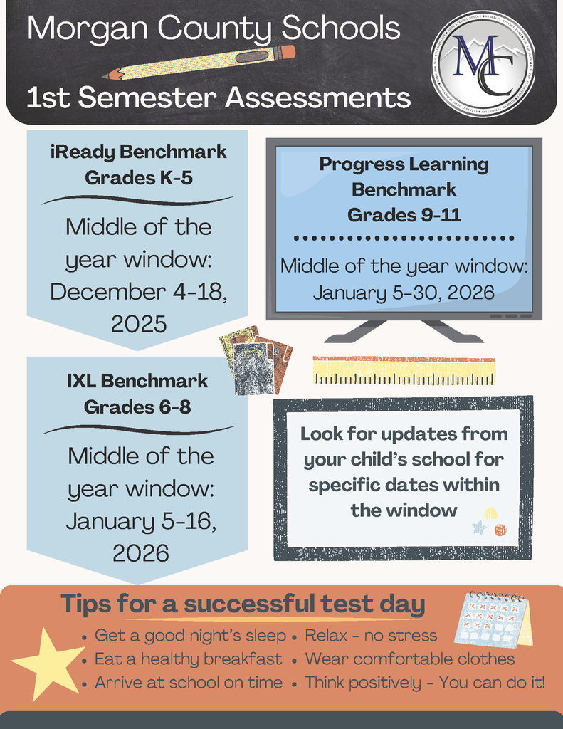 Poster listing testing windows and test tips for Morgan County Schools
