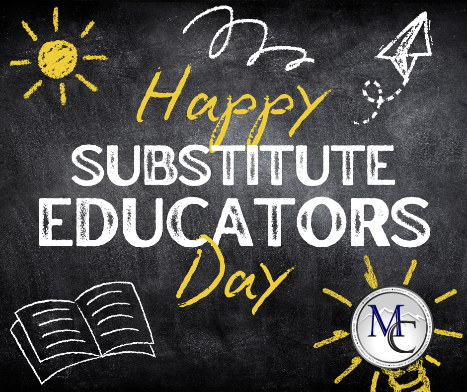Happy Substitute Educators Day graphic with chalkboard and MCS logo