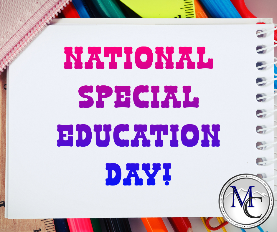 Notebook reads “National Special Education Day” with school supplies around.