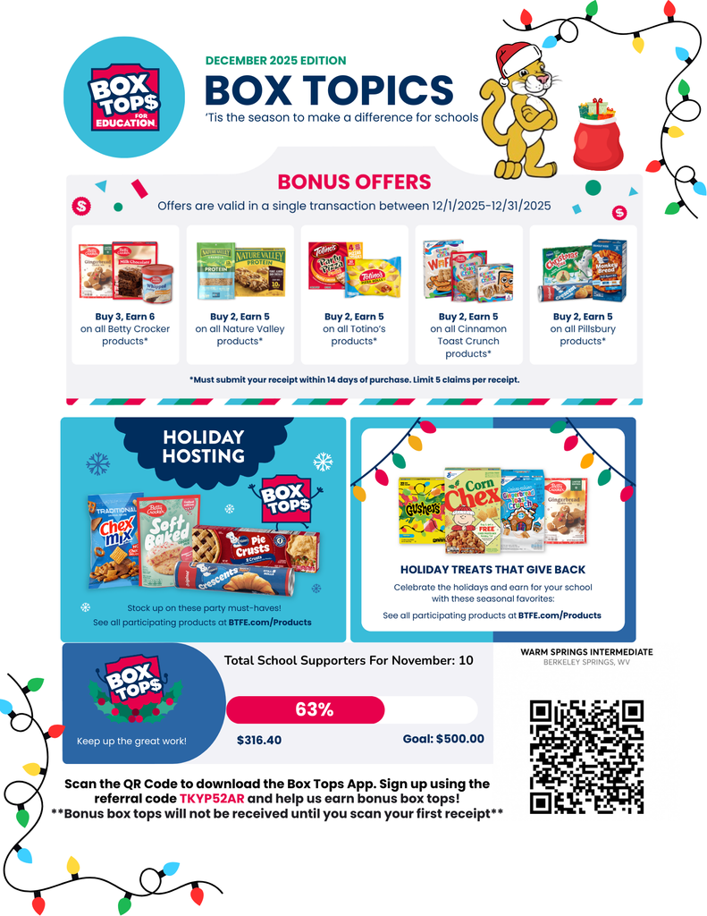 A festive Box Tops for Education flyer showing holiday-themed bonus offers on select products, hosting and treat ideas, a progress bar toward a fundraising goal, and a QR code for app sign-up.