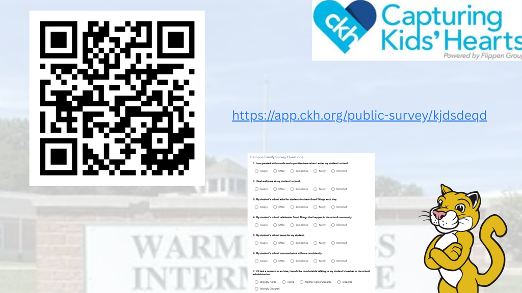 A QR code, survey link, and preview of Capturing Kids’ Hearts family survey questions appear alongside the CKH logo and a cartoon cougar on a faded background of Warm Springs Intermediate School.