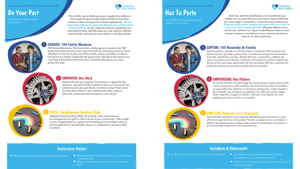 Bilingual Capturing Kids’ Hearts family newsletter with activities and conversation starters