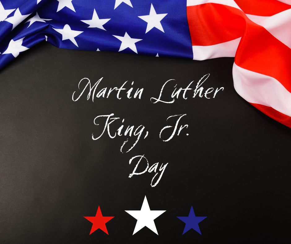 American flag with text honoring Martin Luther King Jr. Day and stars.