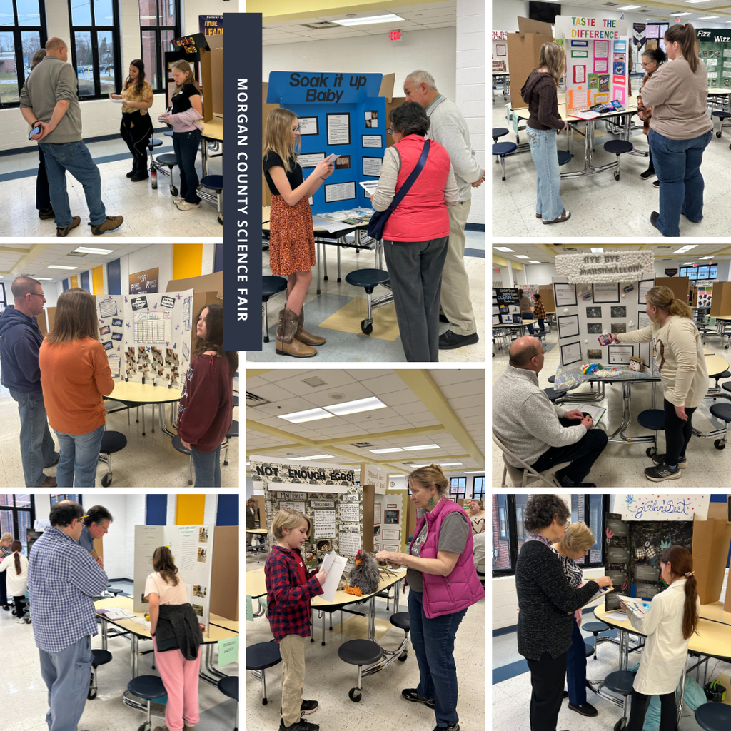 Collage of students sharing science fair projects.