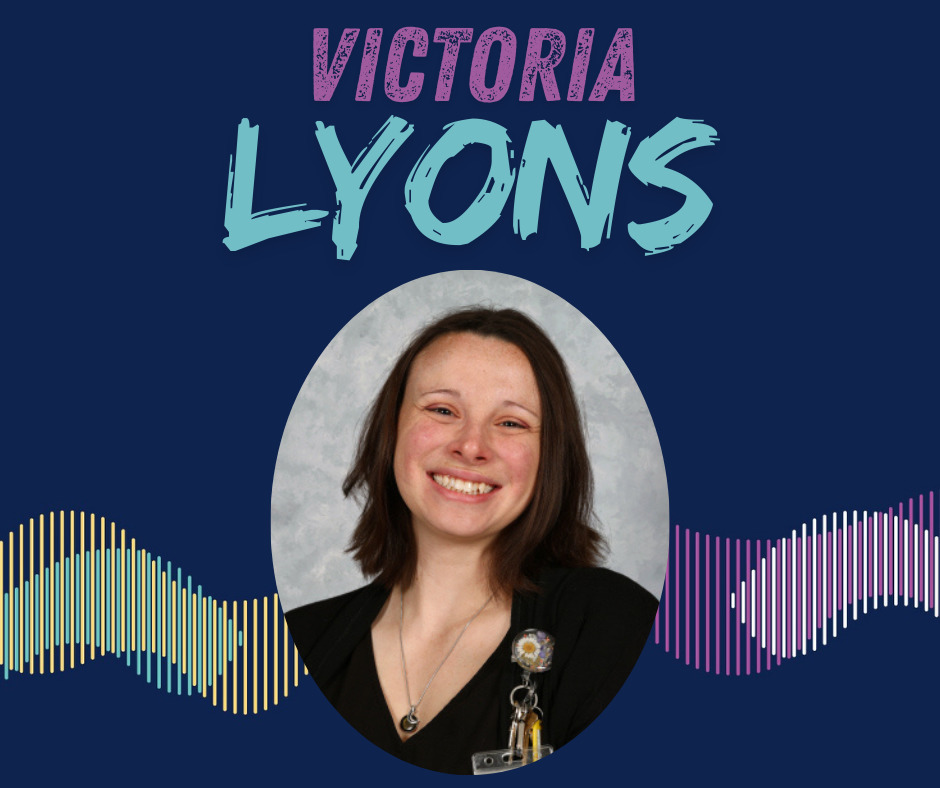 Abstract colorful sound wave design on a dark blue background with staff picture.