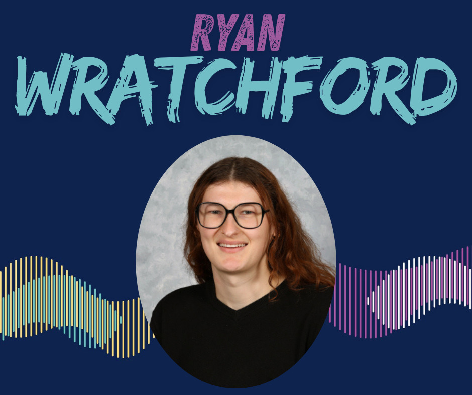 Abstract colorful sound wave design on a dark blue background with staff picture.