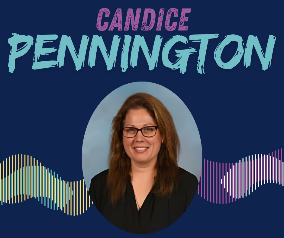 Abstract colorful sound wave design on a dark blue background with staff picture.