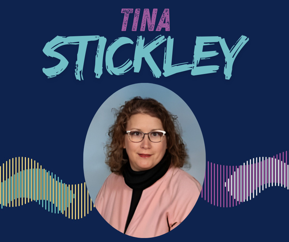 Abstract colorful sound wave design on a dark blue background with staff picture.