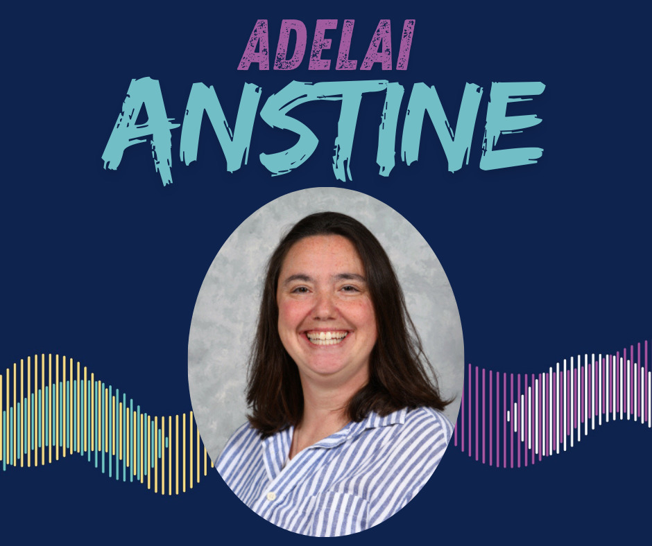 Abstract colorful sound wave design on a dark blue background with staff picture.