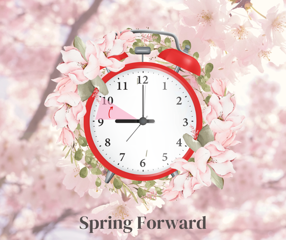 Spring Forward message with clock and pink blossoms