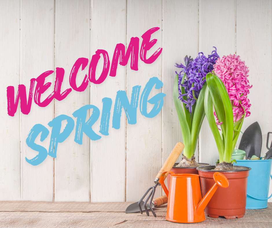 Colorful spring flowers with Welcome Spring message