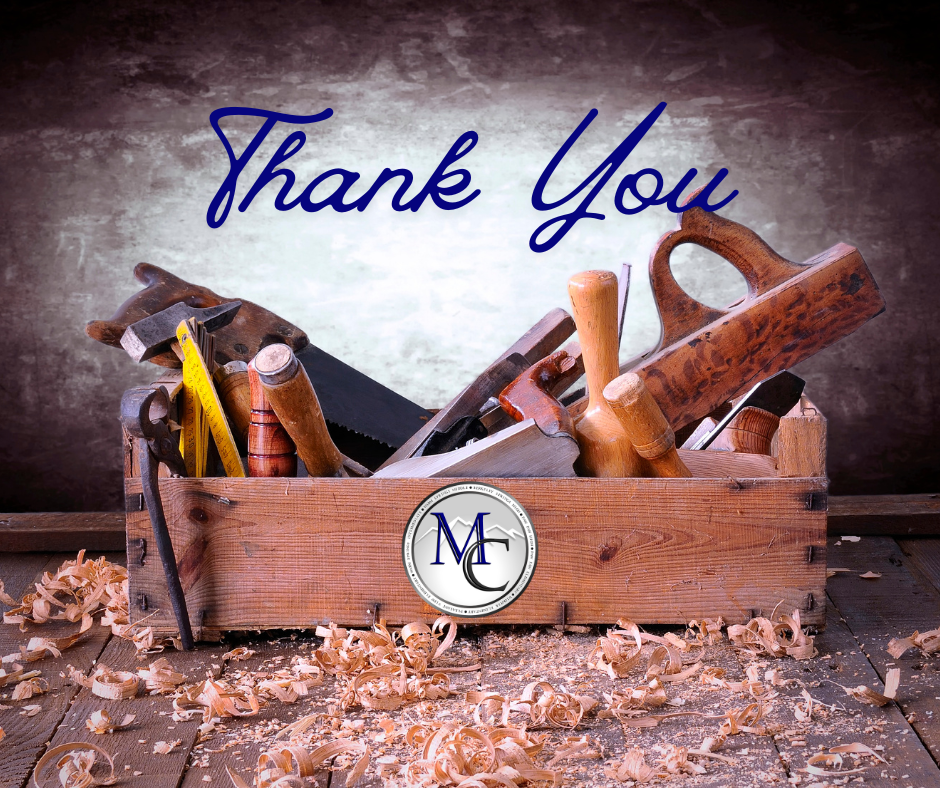 Thank you message above a toolbox with woodworking tools.