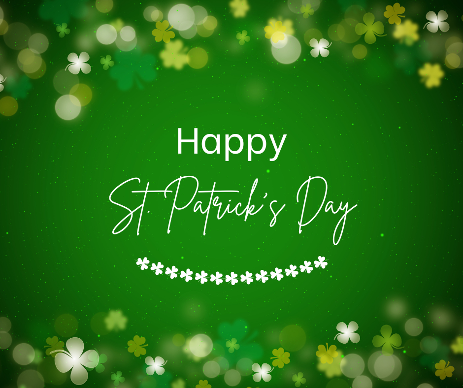 Happy St. Patrick’s Day text on green background with shamrocks