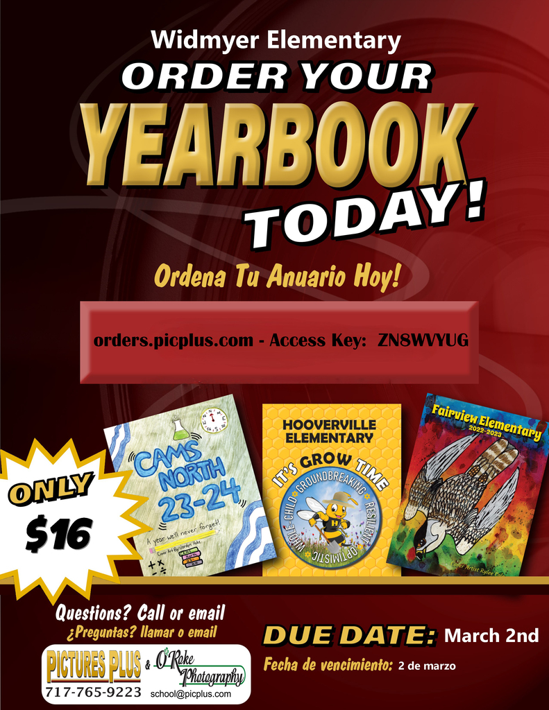 Widmyer Elementary yearbook order flyer with price, website, and due date