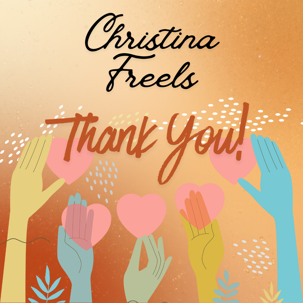 Thank you graphic honoring Christina Freels with hands holding hearts