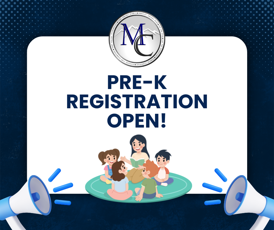 Pre-K registration open with children reading and megaphones.