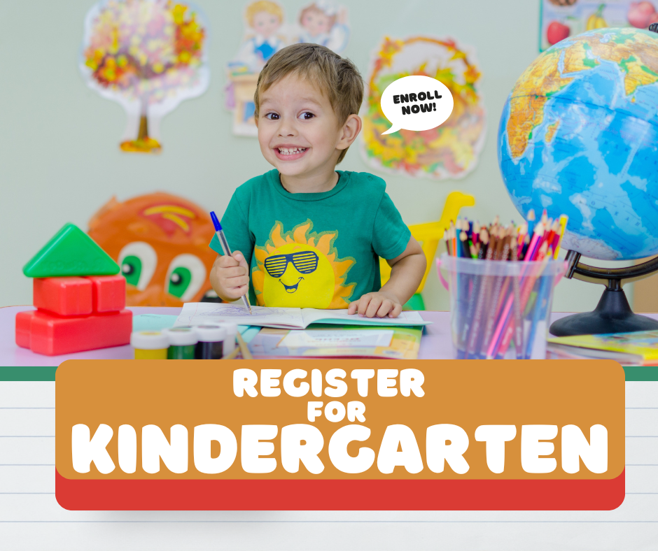 Smiling child writing at desk with “Register for Kindergarten” text.