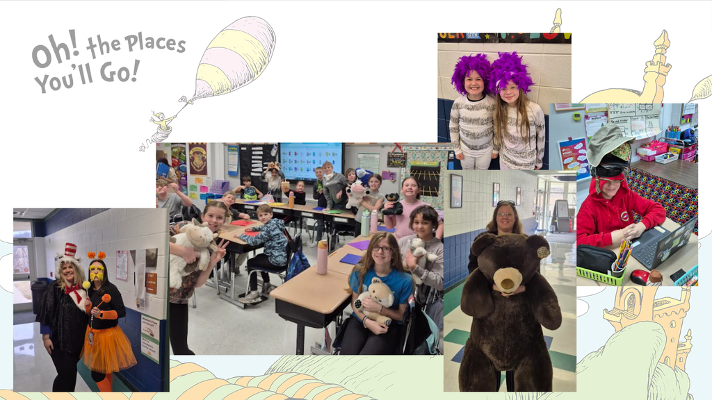 Collage of students and staff celebrating Read Across America Week with costumes, stuffed animals, and classroom activities, set against a Dr. Seuss–themed “Oh! The Places You’ll Go!” background.