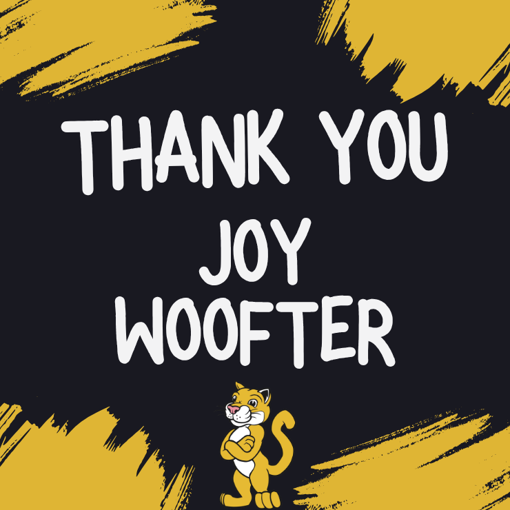 Thank you Joy Woofter with cartoon cougar logo background