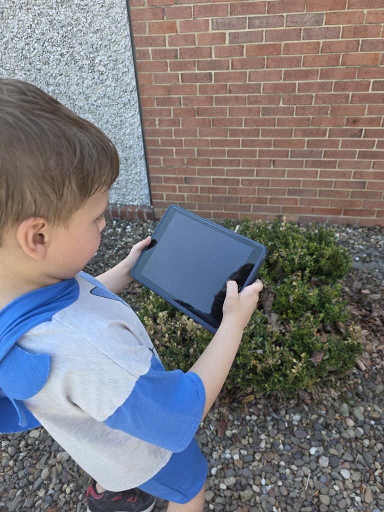 student using iPad to photograph a bush.