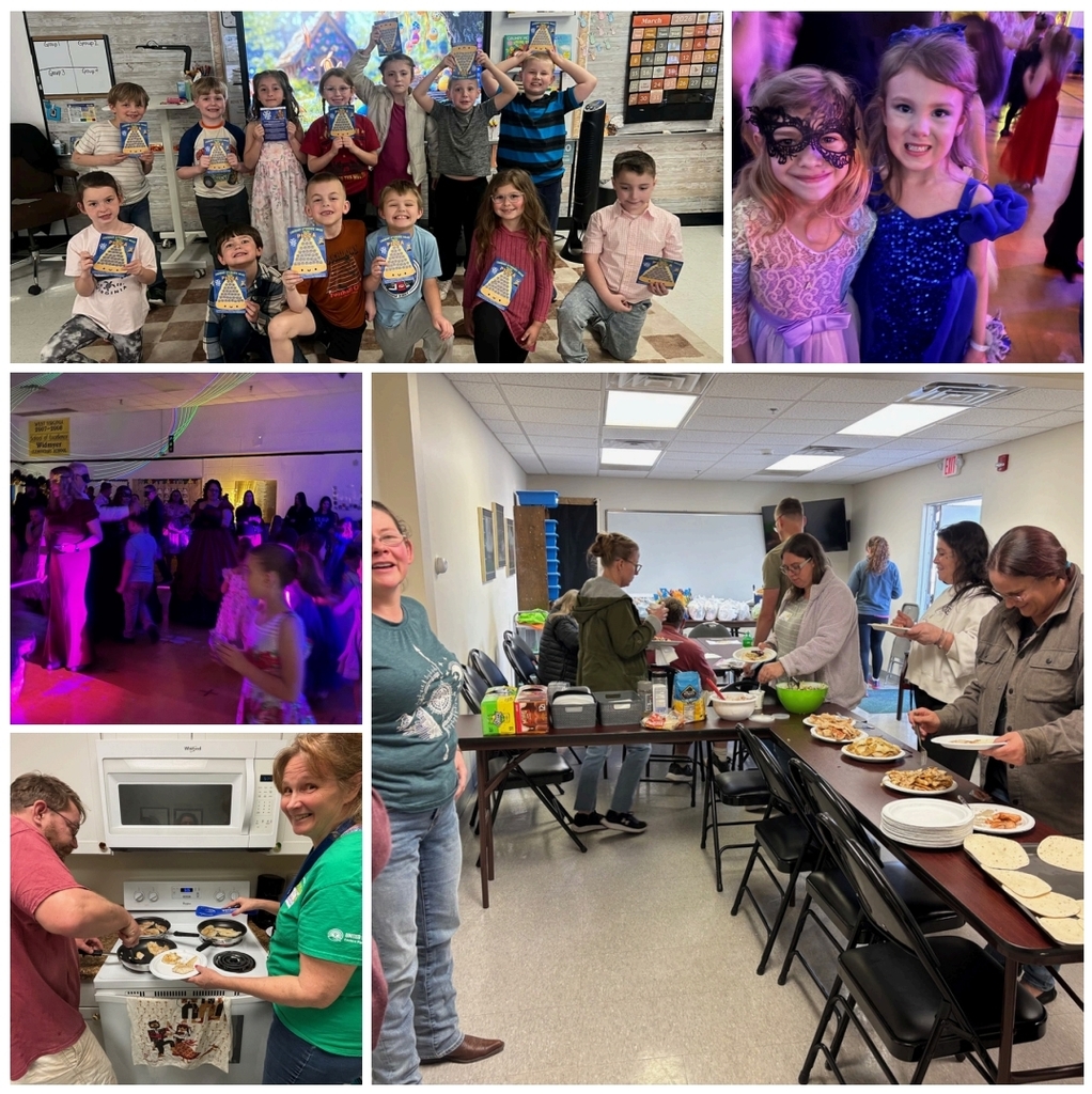 Pictured is a collage of our monthly family cooking class, students holding their Mythical Pizza reward cards, and students dressed up with masks on for our Small & Tall Masquerade Ball. 