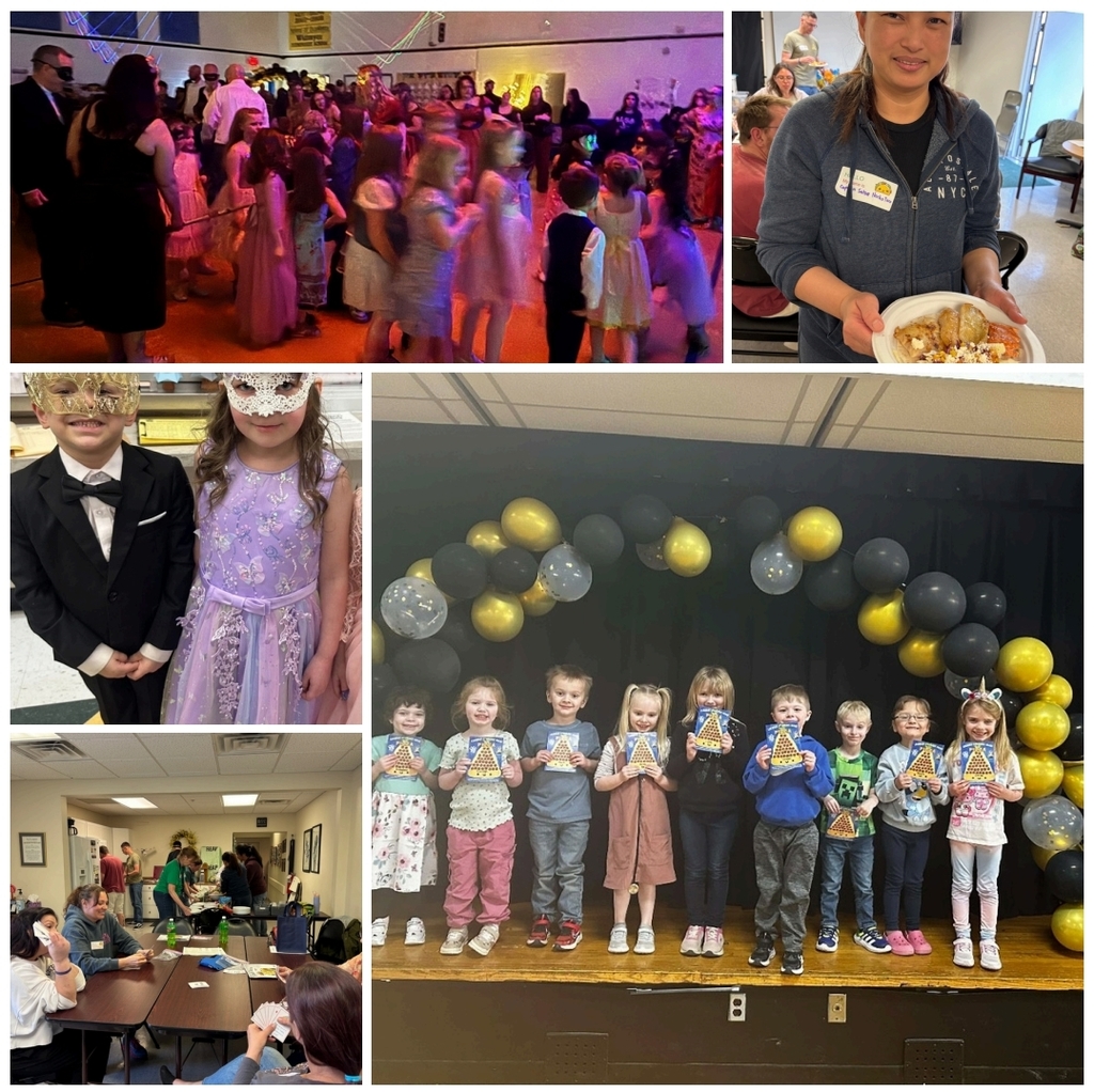 Pictured is a collage of our monthly family cooking class, students holding their Mythical Pizza reward cards, and students dressed up with masks on for our Small & Tall Masquerade Ball. 