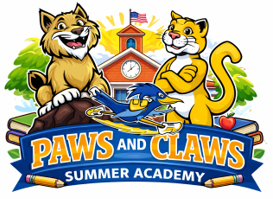 Paws and Claws Summer Academy logo with cartoon cat mascots and schoolhouse.