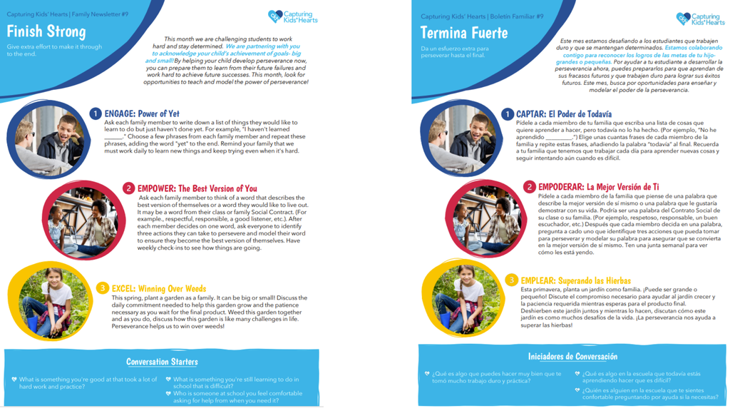 Capturing Kids’ Hearts family newsletter titled “Finish Strong,” featuring English and Spanish sections with activities on perseverance, family engagement ideas, and conversation starters with images of families and children.