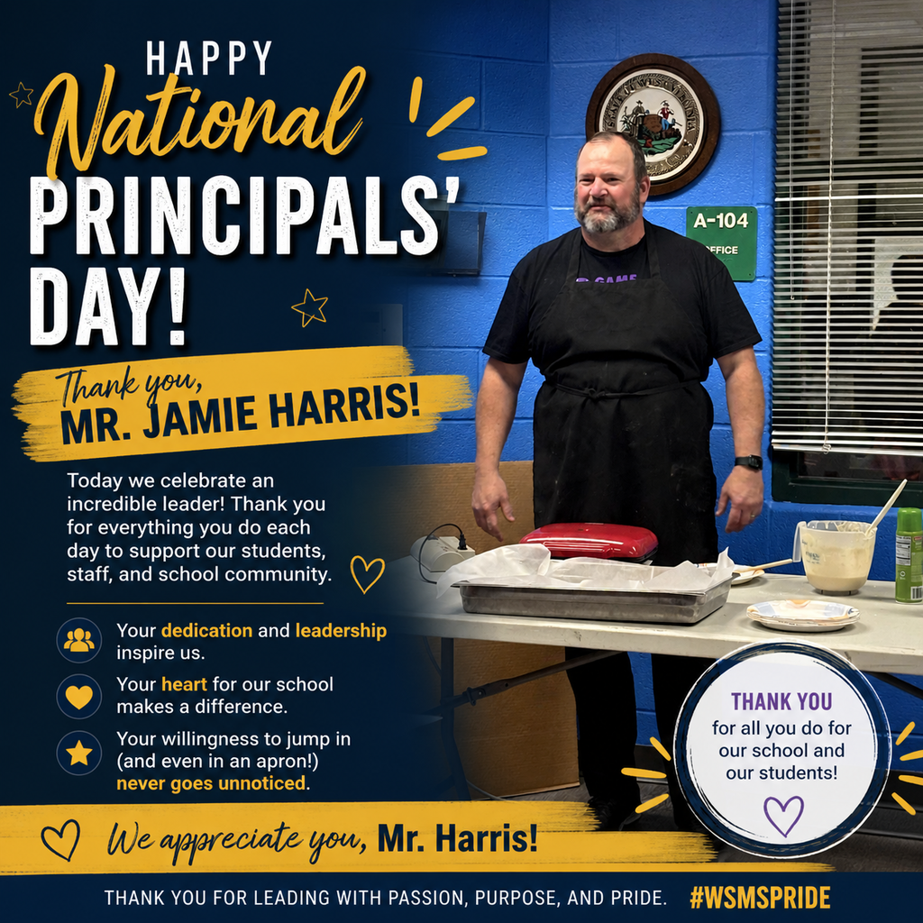 Principal Jamie Harris wearing an apron stands at a table with cooking supplies; graphic celebrates National Principals’ Day and thanks him for his leadership