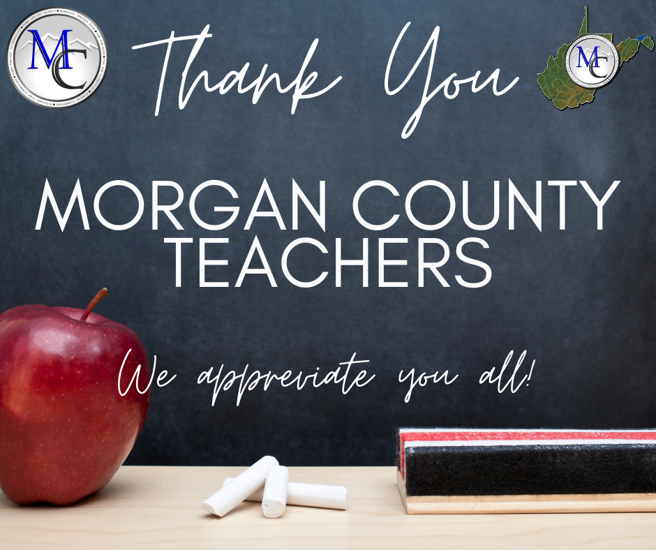 Chalk board with apple thanking Morgan County Teachers.