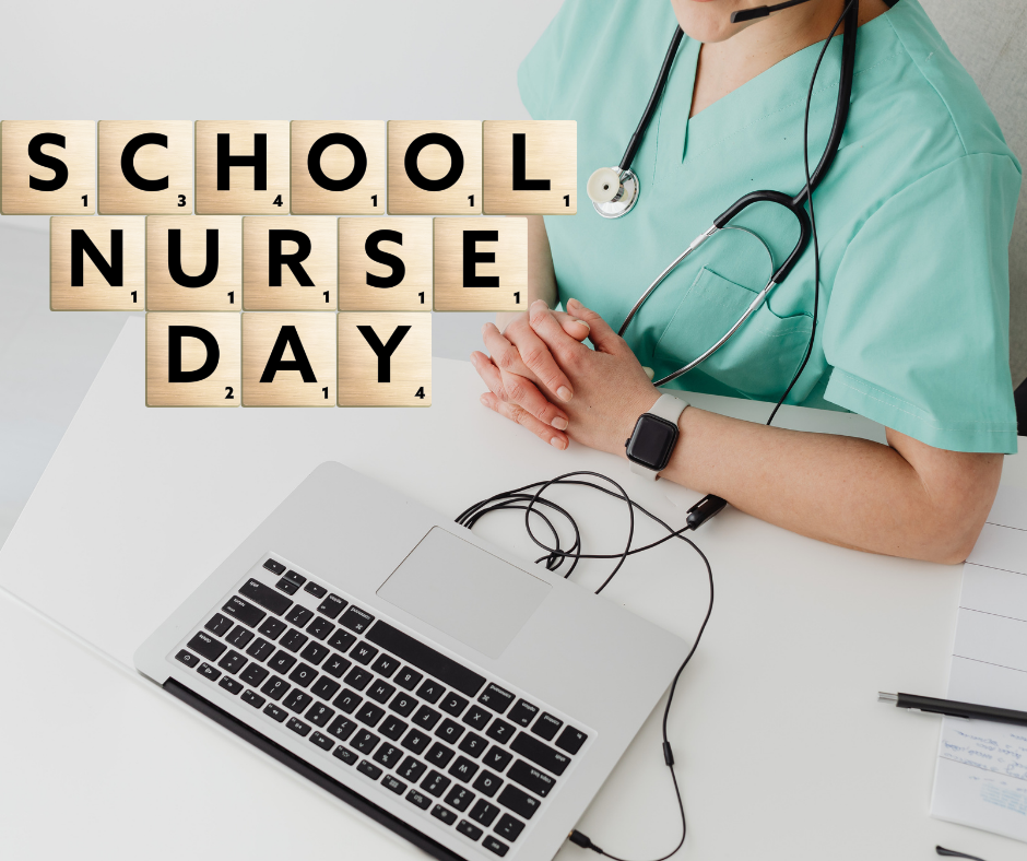 School nurse at desk with stethoscope; “School Nurse Day” text tiles.