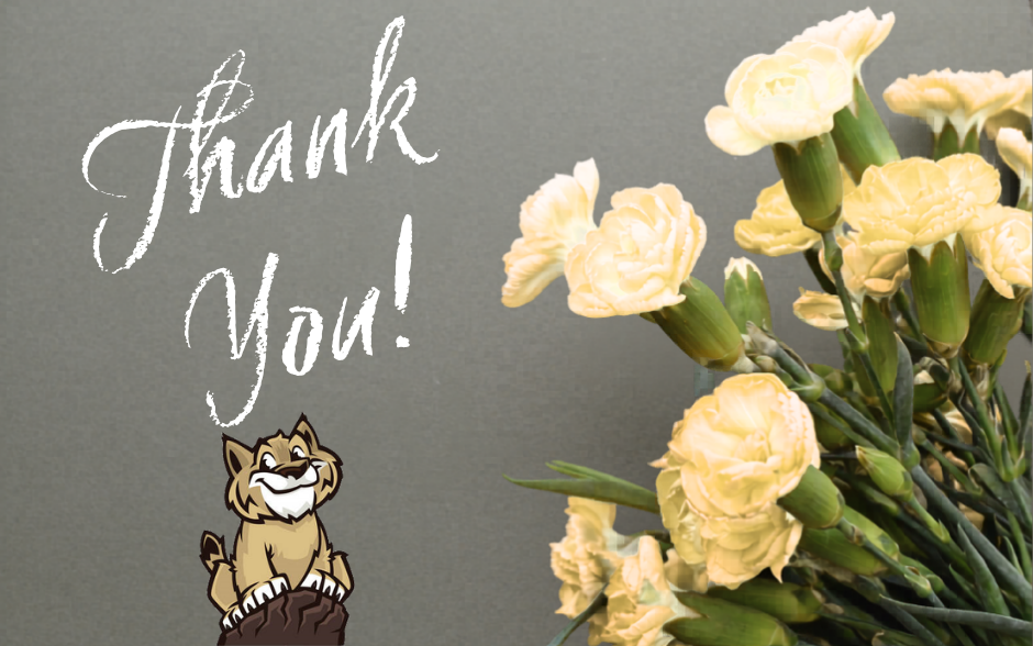 “Thank you” text with yellow flowers and a smiling mascot.