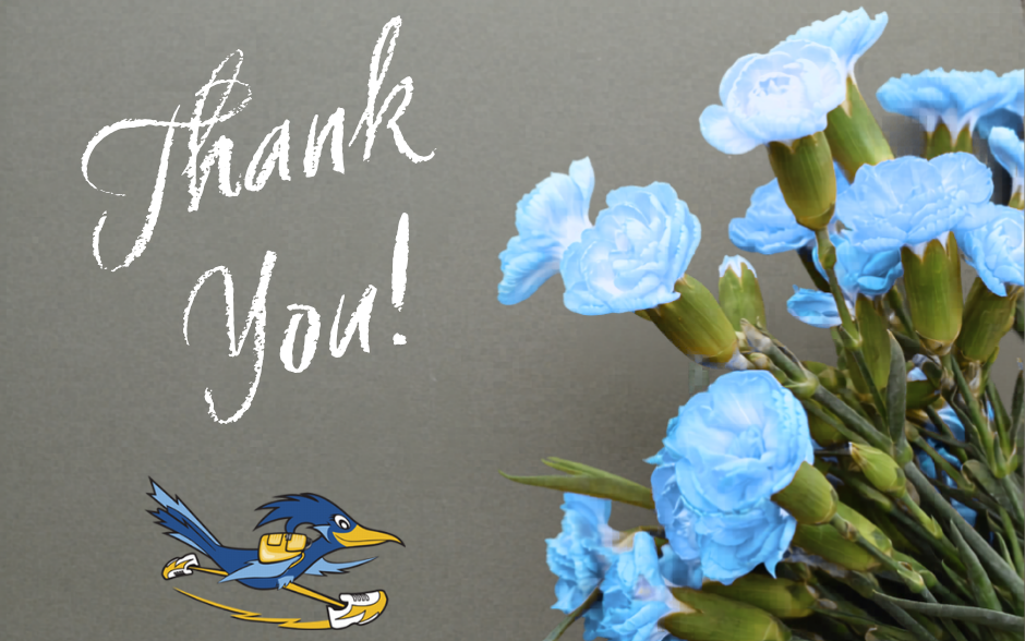 “Thank you” text with blue flowers and a roadrunner mascot.