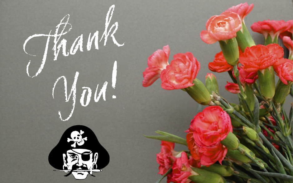 “Thank you” text with red flowers and a pirate mascot.