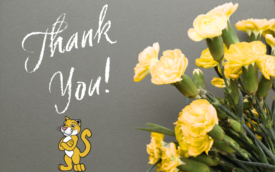 “Thank you” text with yellow flowers and a character cougar mascot.