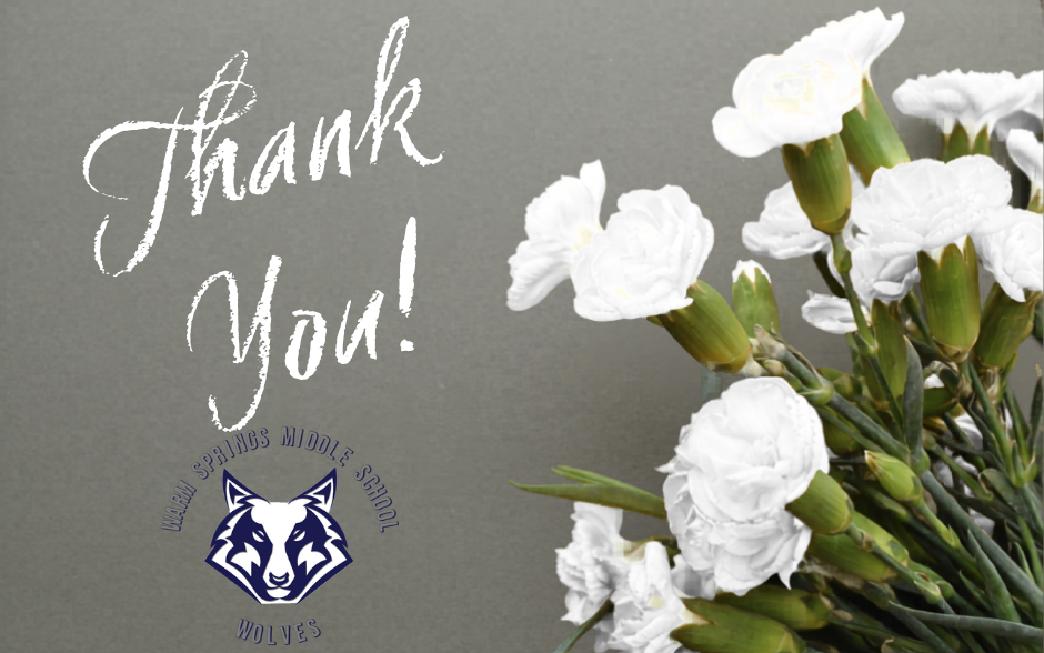 “Thank you” text with white flowers and a wolf head mascot.
