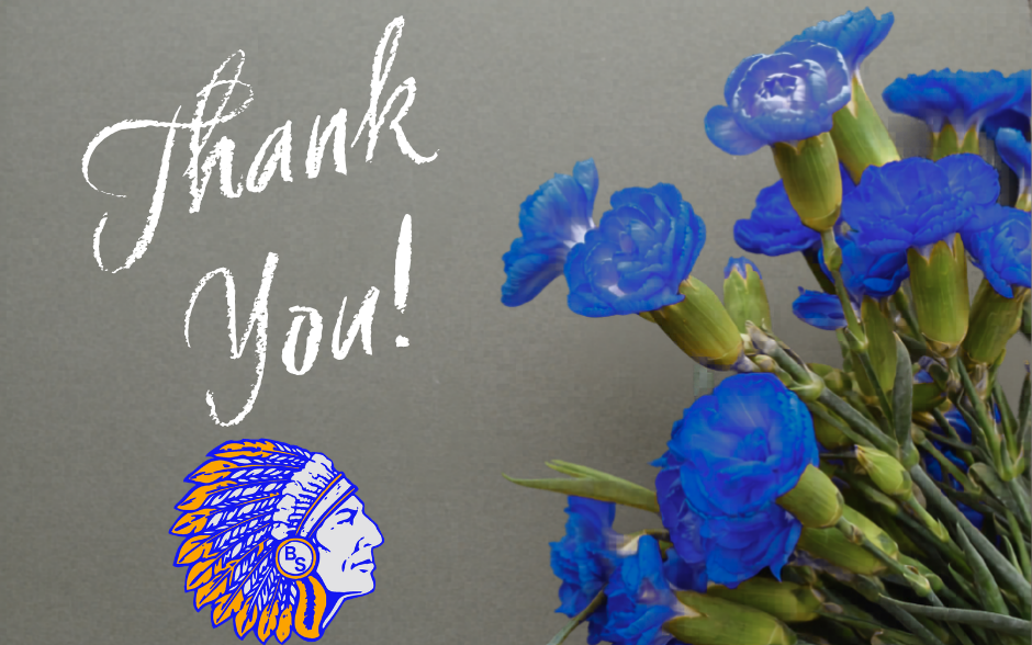 “Thank you” text with blue flowers and an Indian head mascot.