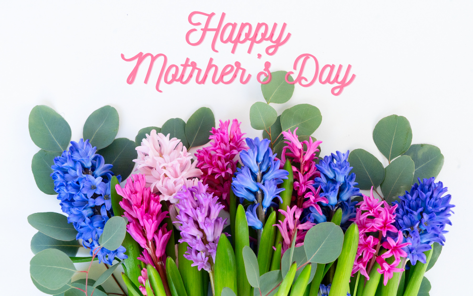 "Happy Mother's Day" text with blue and pink flowers.