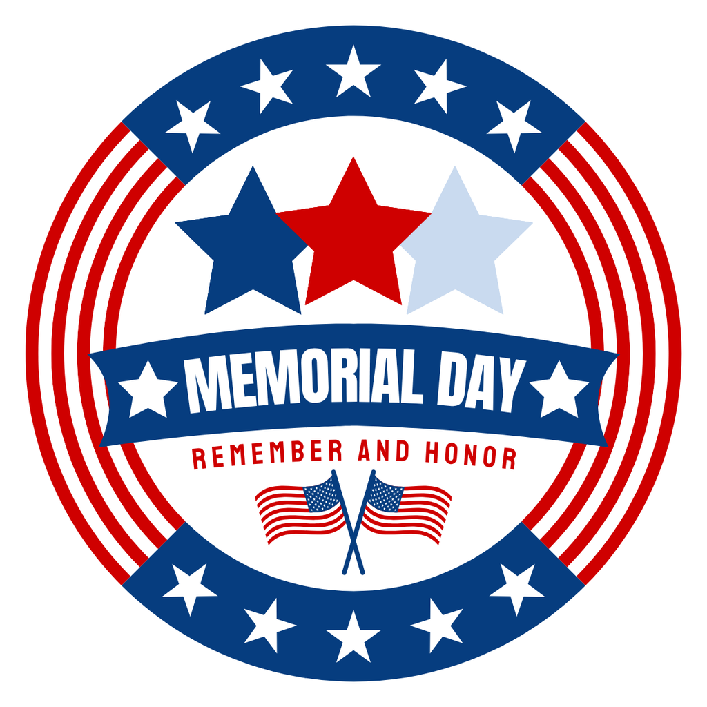 Memorial Day graphic with stars, flags, and “Remember and Honor.”