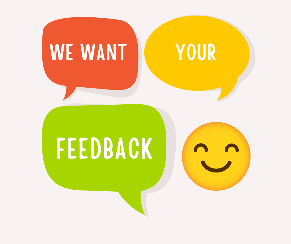 “Colorful speech bubbles asking for feedback with smiling emoji”