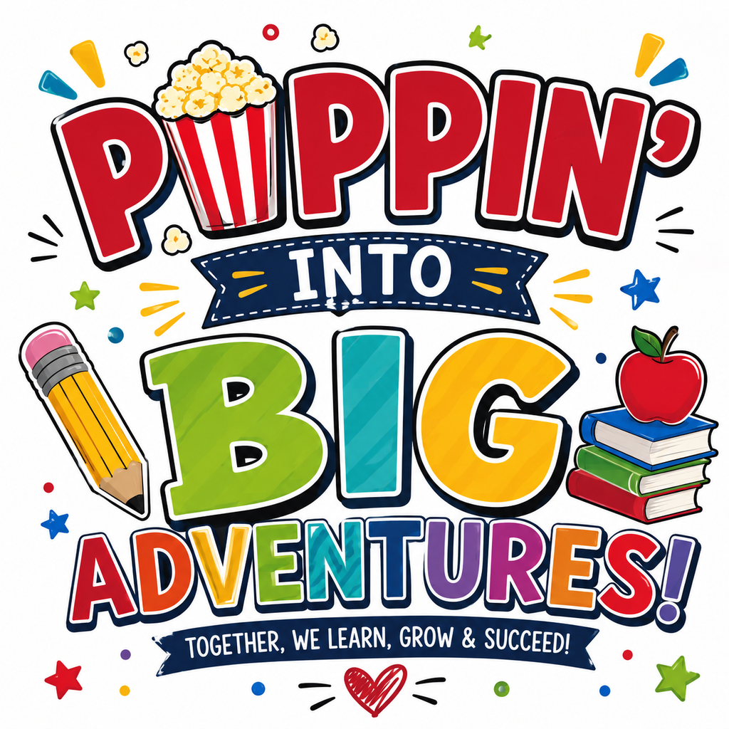 Colorful school-themed poster reading Poppin’ Into Big Adventures