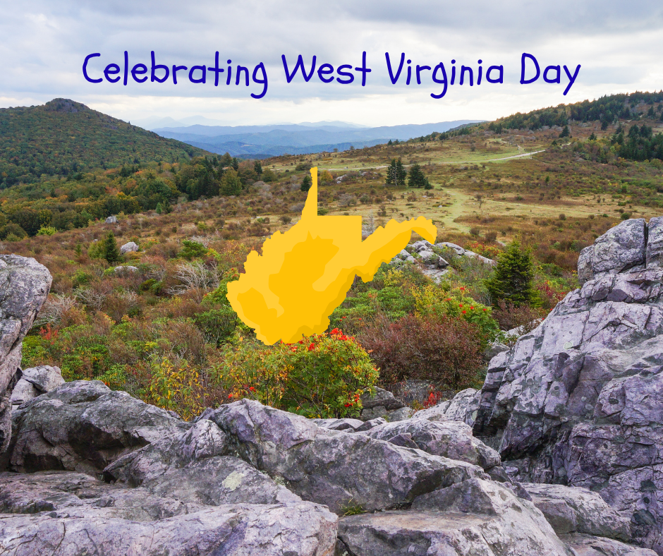 Mountain landscape with “Celebrating West Virginia Day” text and WV outline.