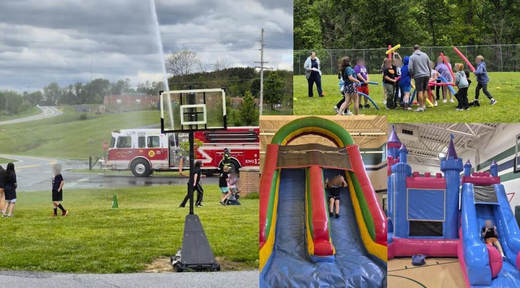 Collage of students enjoying end-of-year activities, including a fire truck water spray, team-building games, and inflatable bounce houses and slides during school celebrations.