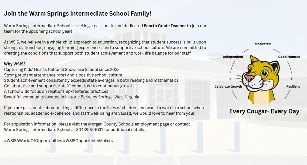 WSIS recruiting a fourth-grade teacher for the upcoming school year.