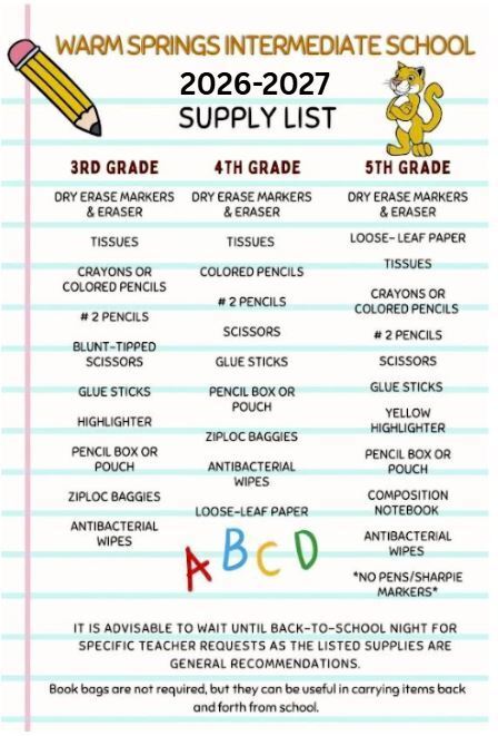 WSIS 2026–2027 school supply list with recommended supplies for grades 3–5