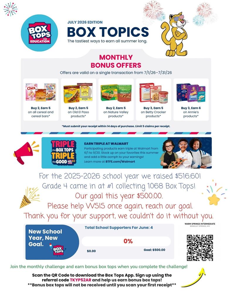 Colorful Box Tops for Education flyer promoting July bonus offers, celebrating WSIS fundraising success, sharing a $500 goal, QR code, and encouraging families to support the school through Box Tops.