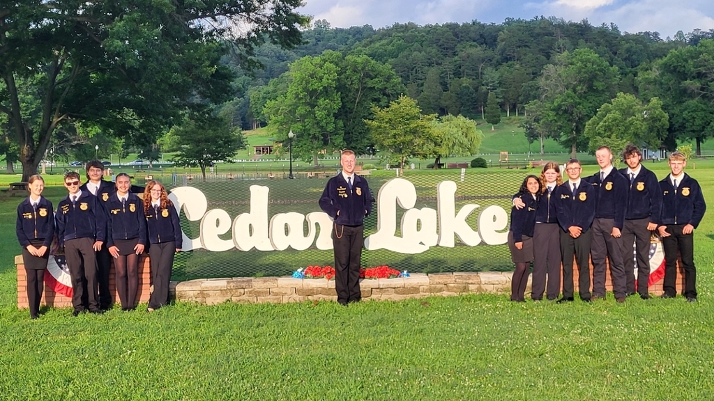 BSHS FFA members in front of the Cedar lakes sign. Grant Michael center is a newly elected State FFA Officer. 