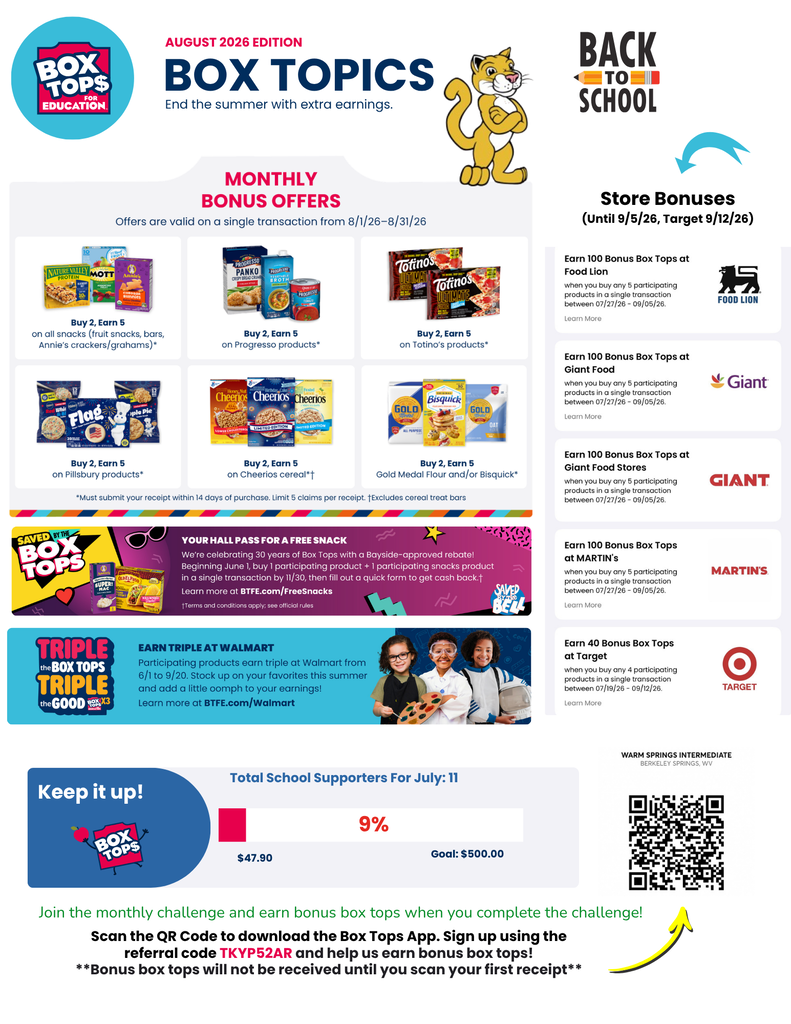 August Box Tops flyer with bonus offers, QR code, and school progress.